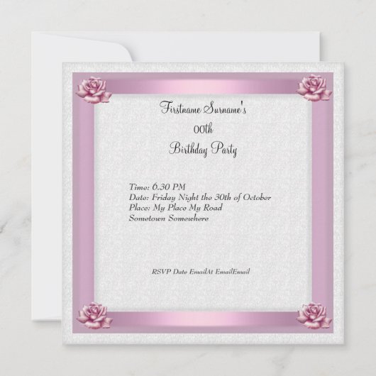 Invitation Anniversaire Rose rose Damask Argent Image (Dos)