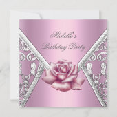Invitation Anniversaire Rose rose Damask Argent Image (Devant)