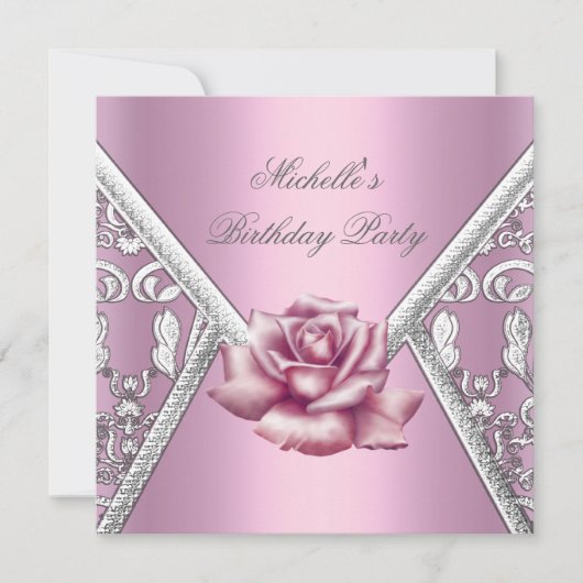 Invitation Anniversaire Rose rose Damask Argent Image (Devant)