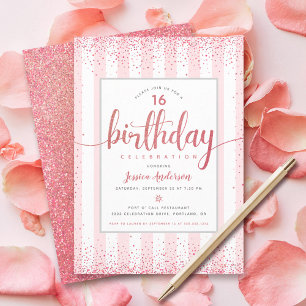Invitation Anniversaire rose rose or parties scintillant scri