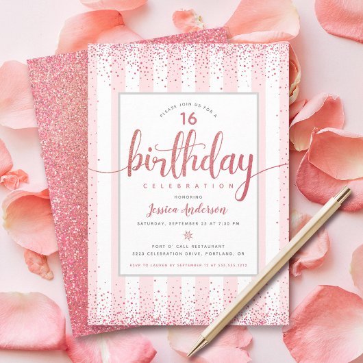 Invitation Anniversaire rose rose or parties scintillant scri