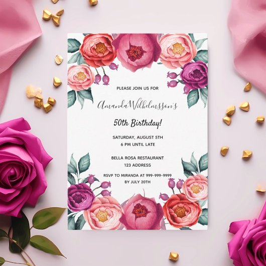 Invitation Anniversaire rose rose violet rose or floral