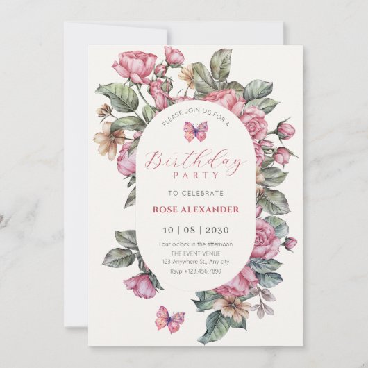 Invitation Anniversaire rose rustique rose (Devant)
