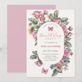 Invitation Anniversaire rose rustique rose (Devant / Derrière)