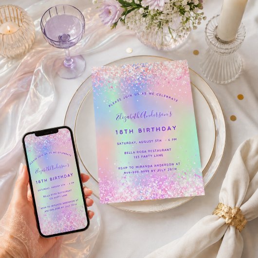 Invitation Anniversaire rose violet holographique