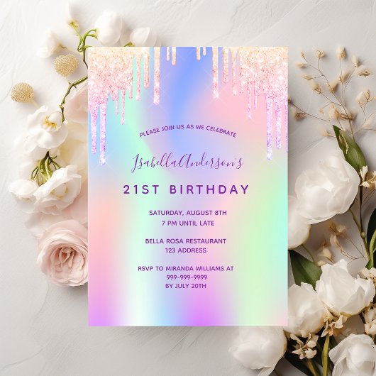 Invitation Anniversaire rose violet holoparty fille