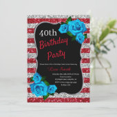 Invitation Anniversaire Rouge Argent Parties scintillant Bleu (Debout devant)