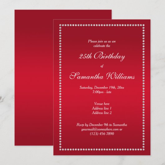 Invitation Anniversaire rouge encadré de diamant élégant (Devant / Derrière)