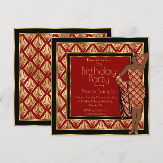 Invitation Anniversaire Rouge Noir Or Art Déco 1930 Dame (Devant / Derrière)