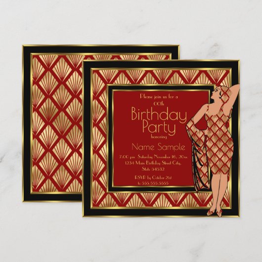 Invitation Anniversaire Rouge Noir Or Art Déco 1930 Dame 2 (Devant / Derrière)