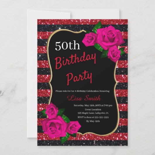 Invitation Anniversaire Rouge noir Parties scintillant Roses (Devant)