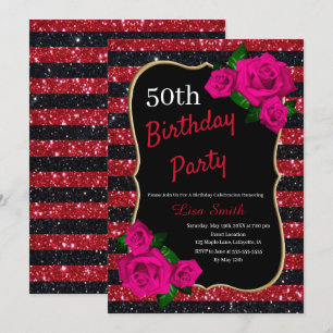 Invitation Anniversaire Rouge noir Parties scintillant Roses 