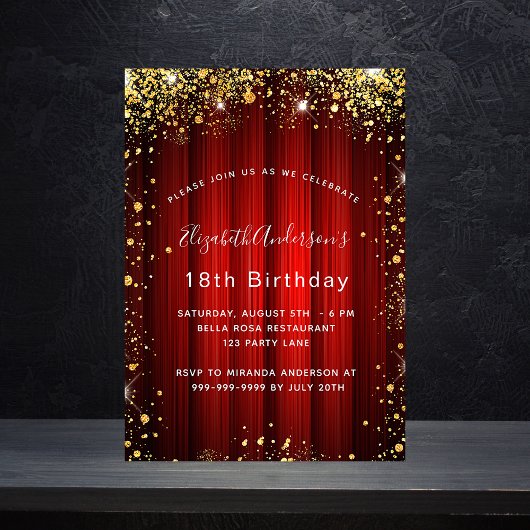 Invitation Anniversaire rouge or scintillant cinéma théâtre g