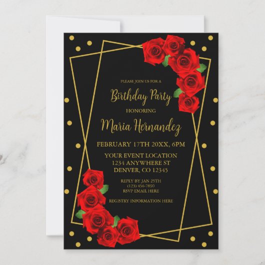 Invitation Anniversaire rouge rose noire et or (Devant)