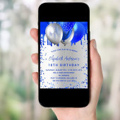 Invitation Anniversaire royal bleu argent ballons scintillant