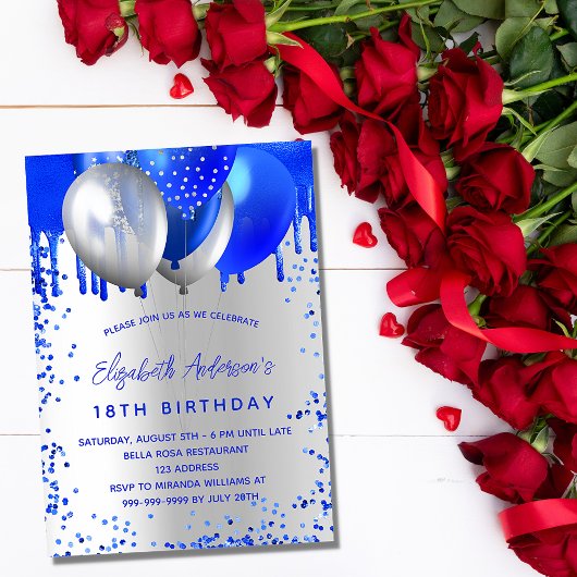 Invitation Anniversaire royal bleu argent ballons scintillant