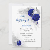 Invitation anniversaire royal bleu argent floral (Devant)