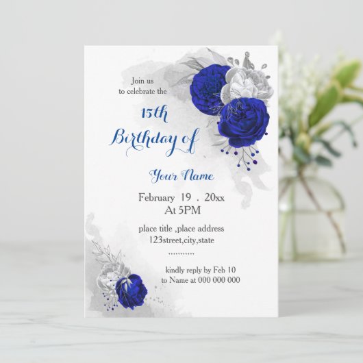 Invitation anniversaire royal bleu argent floral (Debout devant)