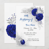 Invitation anniversaire royal bleu argent floral (Devant / Derrière)