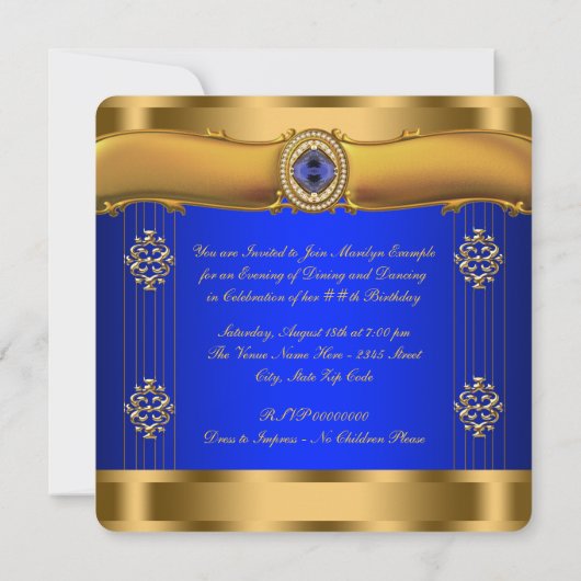 Invitation Anniversaire royal bleu et or (Dos)