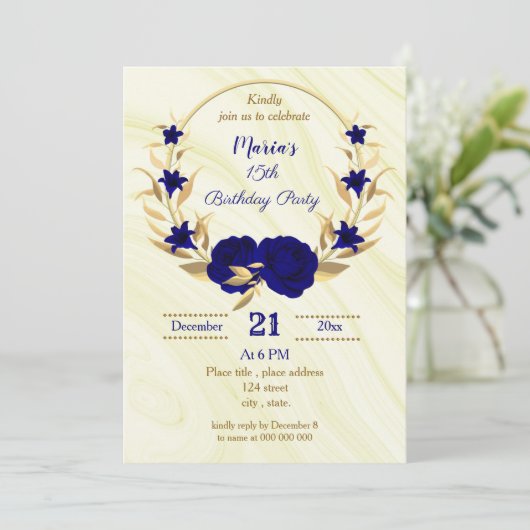 Invitation anniversaire royal bleu or floral (Debout devant)