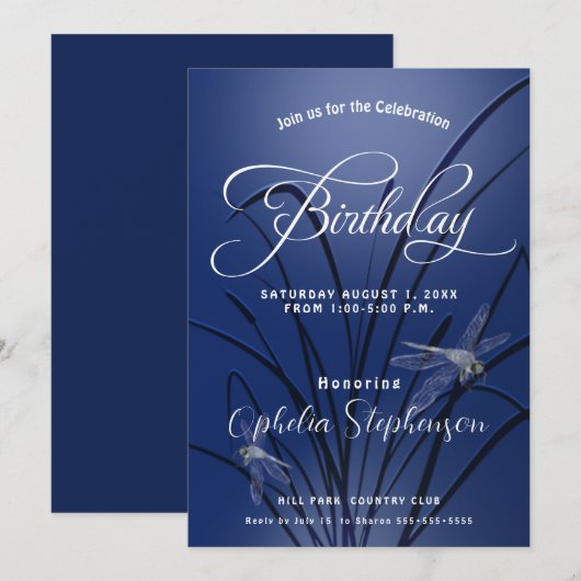 Invitation Anniversaire Royal Blue Dragonfly (Devant / Derrière)