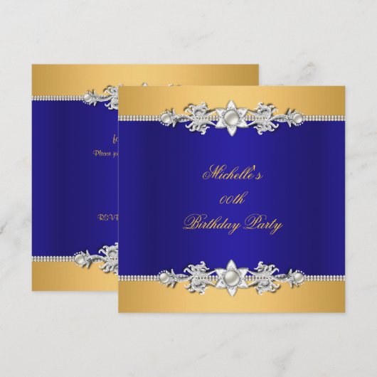 Invitation Anniversaire Royal Blue Pearl Trim Jewel (Devant / Derrière)