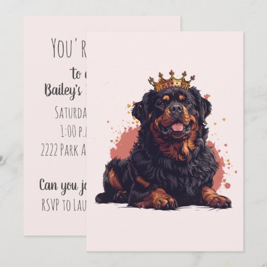 Invitation Anniversaire Royal Rottweiler Chien Reine Couronne (Devant / Derrière)