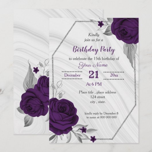 Invitation anniversaire royal violet argent floral géométriqu (Devant / Derrière)