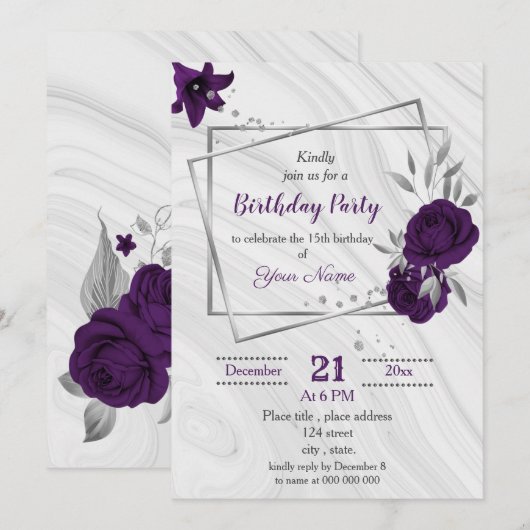 Invitation anniversaire royal violet argent floral géométriqu (Devant / Derrière)