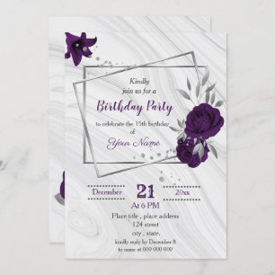 Invitation anniversaire royal violet argent floral géométriqu