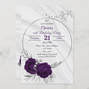 Invitation anniversaire royal violet argent floral géométriqu