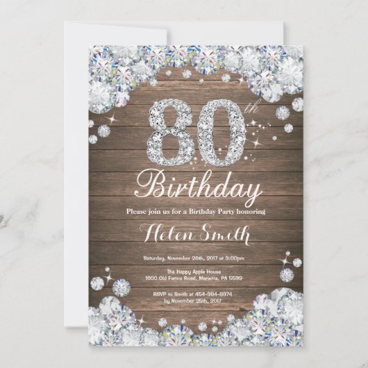 Invitation Anniversaire rustique 80 ans argent diamant (Devant)