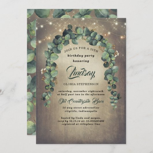 Invitation Anniversaire rustique de l'Eucalyptus Green Garlan (Devant / Derrière)