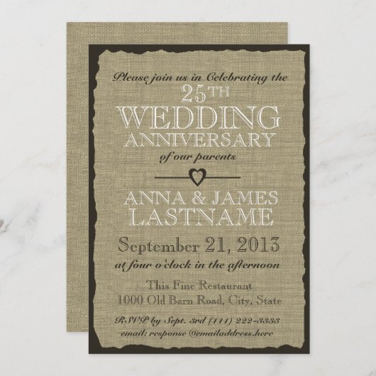 Invitation Anniversaire Rustique du Mariage Burlap (Devant / Derrière)
