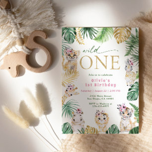 Invitation Anniversaire sauvage Safari Jungle Animal Or 1 an