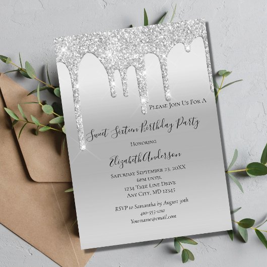 Invitation Anniversaire Seize Ans Paillettes Argentées