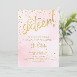 Invitation Anniversaire Seize Ans Rose Pâle & Or Élégant