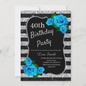 Invitation Anniversaire Silver Black Stripes Parties scintill (Devant)