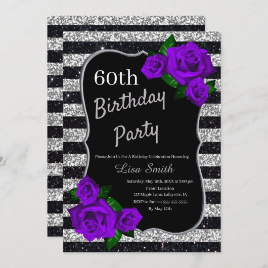 Invitation Anniversaire Silver Black Stripes Parties scintill (Devant / Derrière)