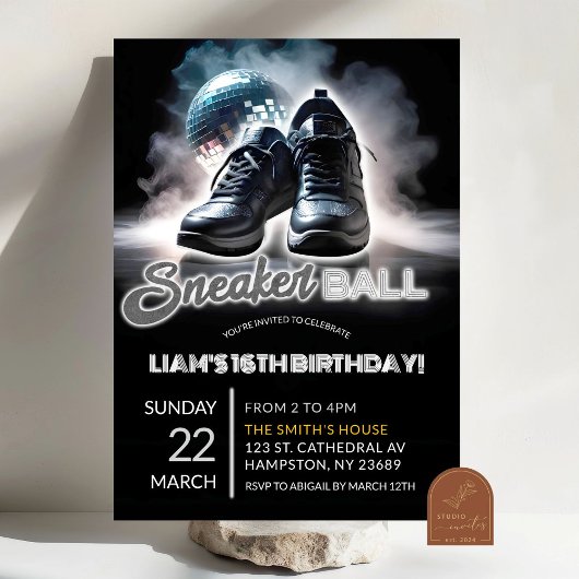 Invitation Anniversaire Silver et White Disco Sneakerball
