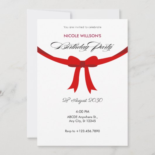 Invitation Anniversaire simple élégant ruban rouge (Devant)