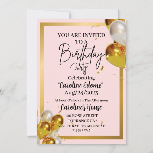 Invitation Anniversaire Simple Or & Rose (Devant)