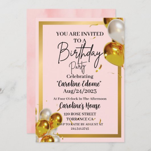 Invitation Anniversaire Simple Or & Rose (Devant / Derrière)