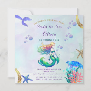 Invitation Anniversaire Sirène Or et Violet sous l'Océan