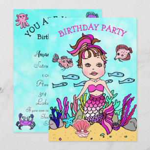 Invitation Anniversaire Sirène Rose sous la Mer