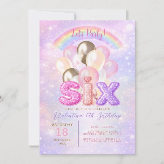 Invitation Anniversaire Six Ballons Pailletés Arc-en-Ciel (Devant)