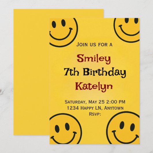 Invitation Anniversaire Smiley (Devant / Derrière)