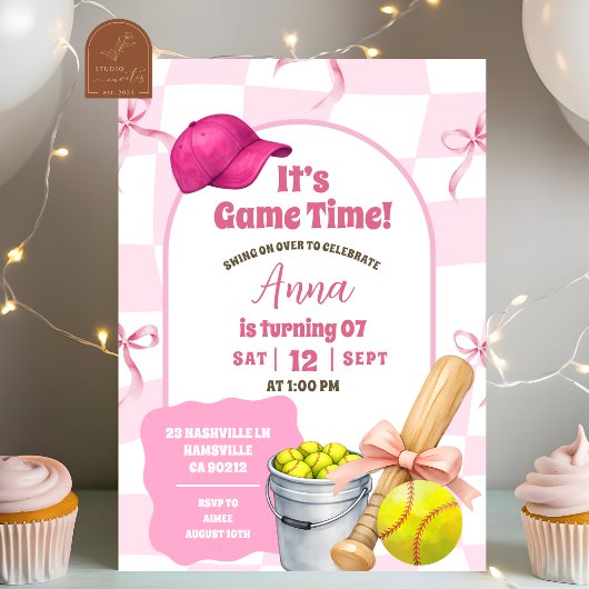 Invitation Anniversaire Softball Ruban Rétro Ondulé Rose Blus