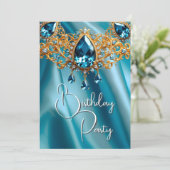 Invitation Anniversaire Soie Bleu Topaz bijou or (Debout devant)